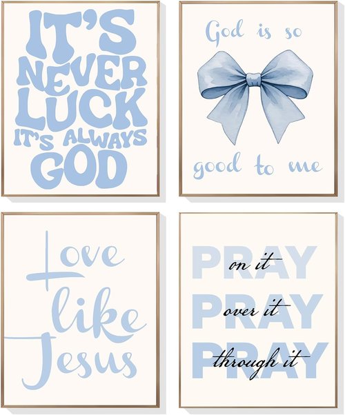 EVER-GOING TUNE Gray Blue Jesus Wall Decor Set of 4 - Inspirational Bible Verse Art for Girls' Bedrooms | 8x10 Unframed