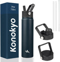 Skiennix Insulated Water Bottle - 24oz Stainless Steel Sport Bottle with 3 Lids | Navy Blue