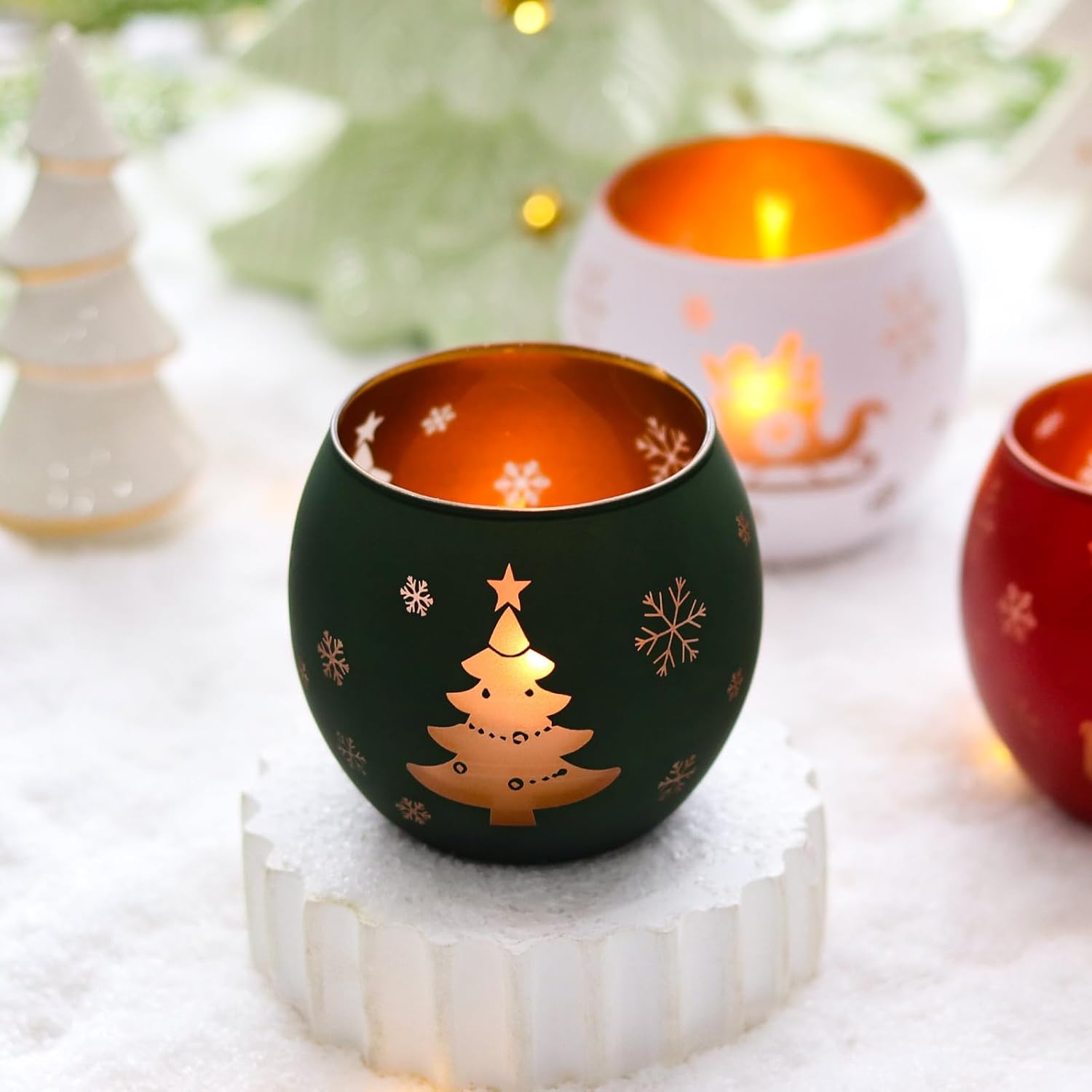 Skiennix Christmas Candle Holders - Set of 4 Frosted Glass Tealight Votive Holders | Winter Holiday Decor (Red, Green, White)