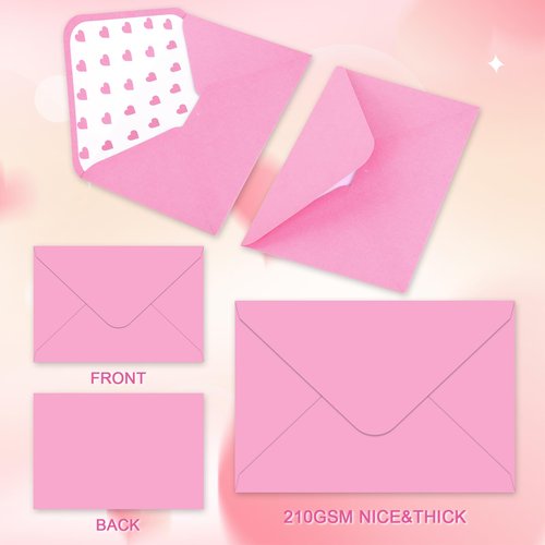 Whaline 50 Pcs Valentine's Day Invitation Envelopes Greeting Card Holders Pink Heart V-Flap Envelopes Card Sleeves with Stickers for Wedding Mother's Day Baby Shower, 5.3 x 7.3 Inch