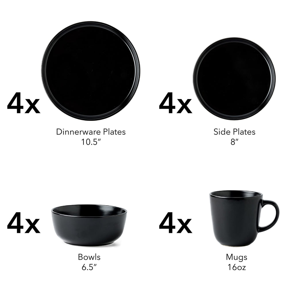 ARORA SKUGGA Round Stoneware 16pc Dinnerware Set of 4, Dinner Plates, Side Plates, Cereal Bowls, Mugs - Matte Black (472979)