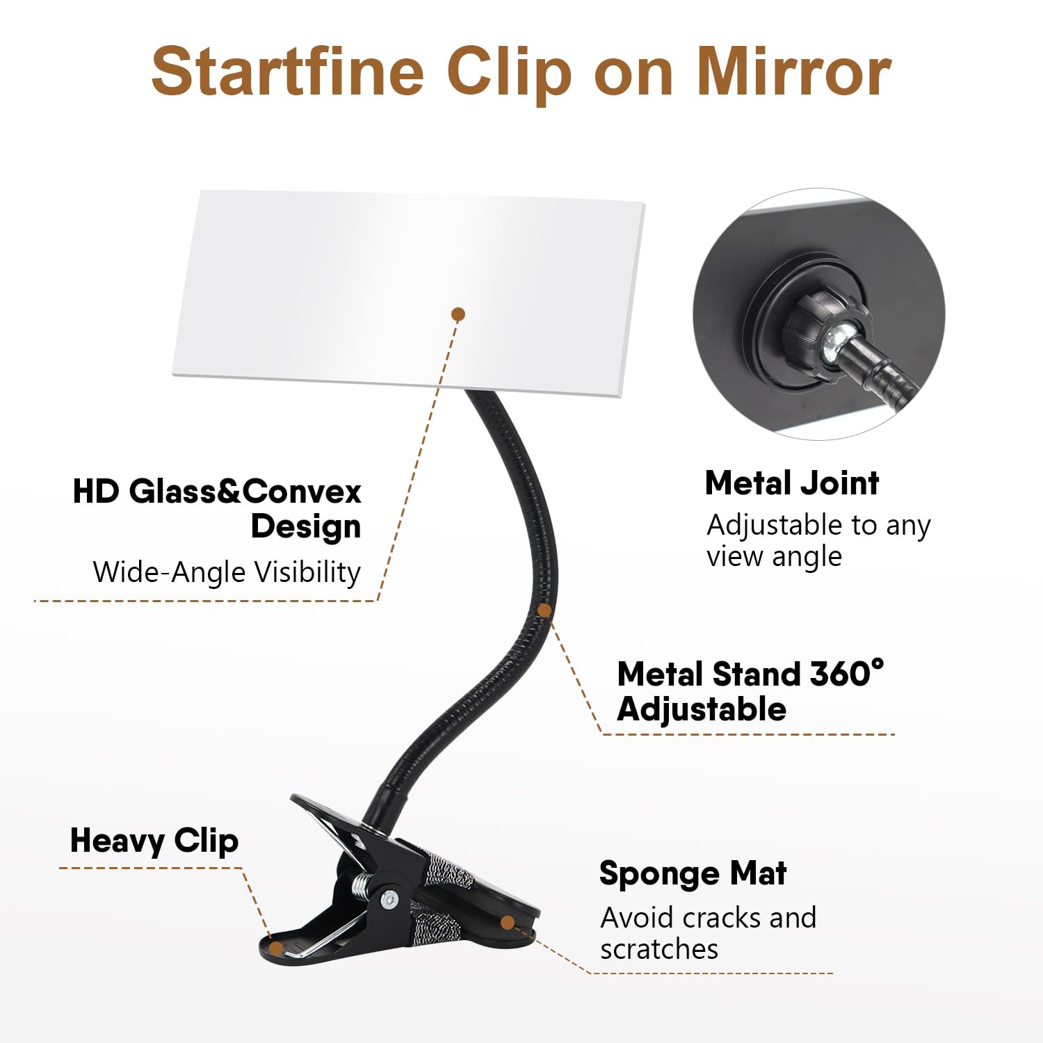 Skiennix Clip-On Security Mirror - Convex Desk Rear View Mirror with Flexible Gooseneck | 6.69"x2.95" Frameless