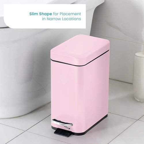 Home Zone Living 1.3 Gallon Bathroom Trash Can - Stainless Steel Wastebasket with Lid & Step Pedal | Matte Pink, Slim Design