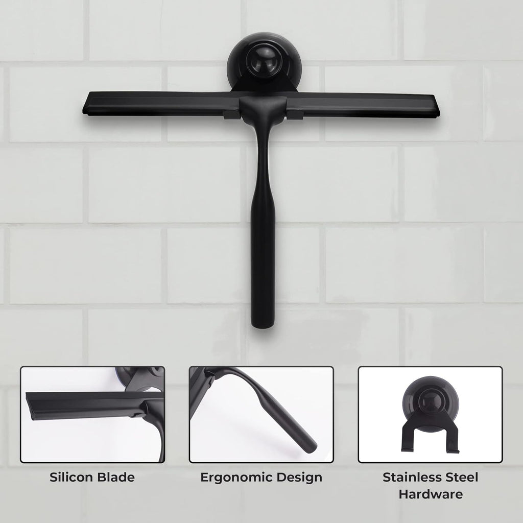 Skiennix Matte Black Shower Squeegee - 10 Inch Glass Cleaner Tool with Adhesive Hooks for Bathroom & Car