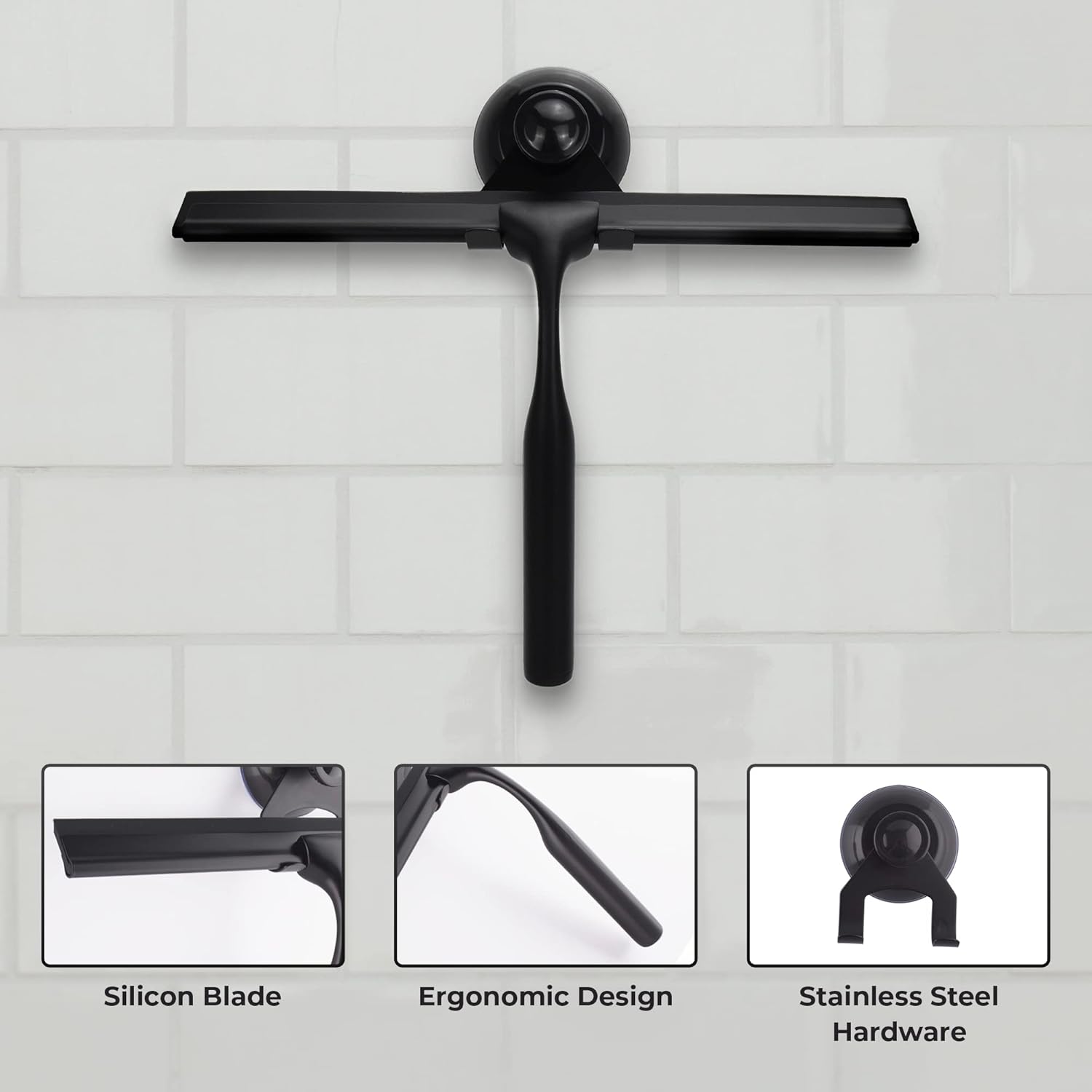 Skiennix Matte Black Shower Squeegee - 10 Inch Glass Cleaner Tool with Adhesive Hooks for Bathroom & Car