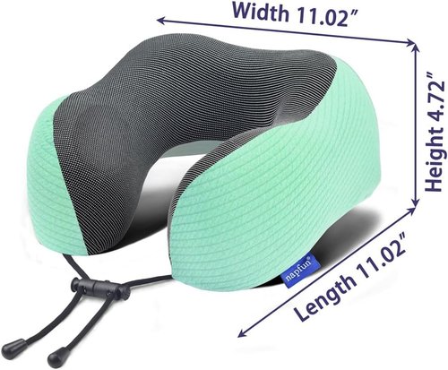 Napfun Neck Pillow - Memory Foam Travel Pillow with Sleep Mask, Earplugs & Pouch | Turquoise Striped Kit