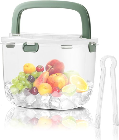 Abizarch 5L Portable Ice Cube Storage Bin, Clear Ice Bucket for Freezer with Lid & Tong for Outdoor Camping, Plastic Refrigerator Ice Cube Trays Storage Bin for Whiskey Wine Cocktail Party