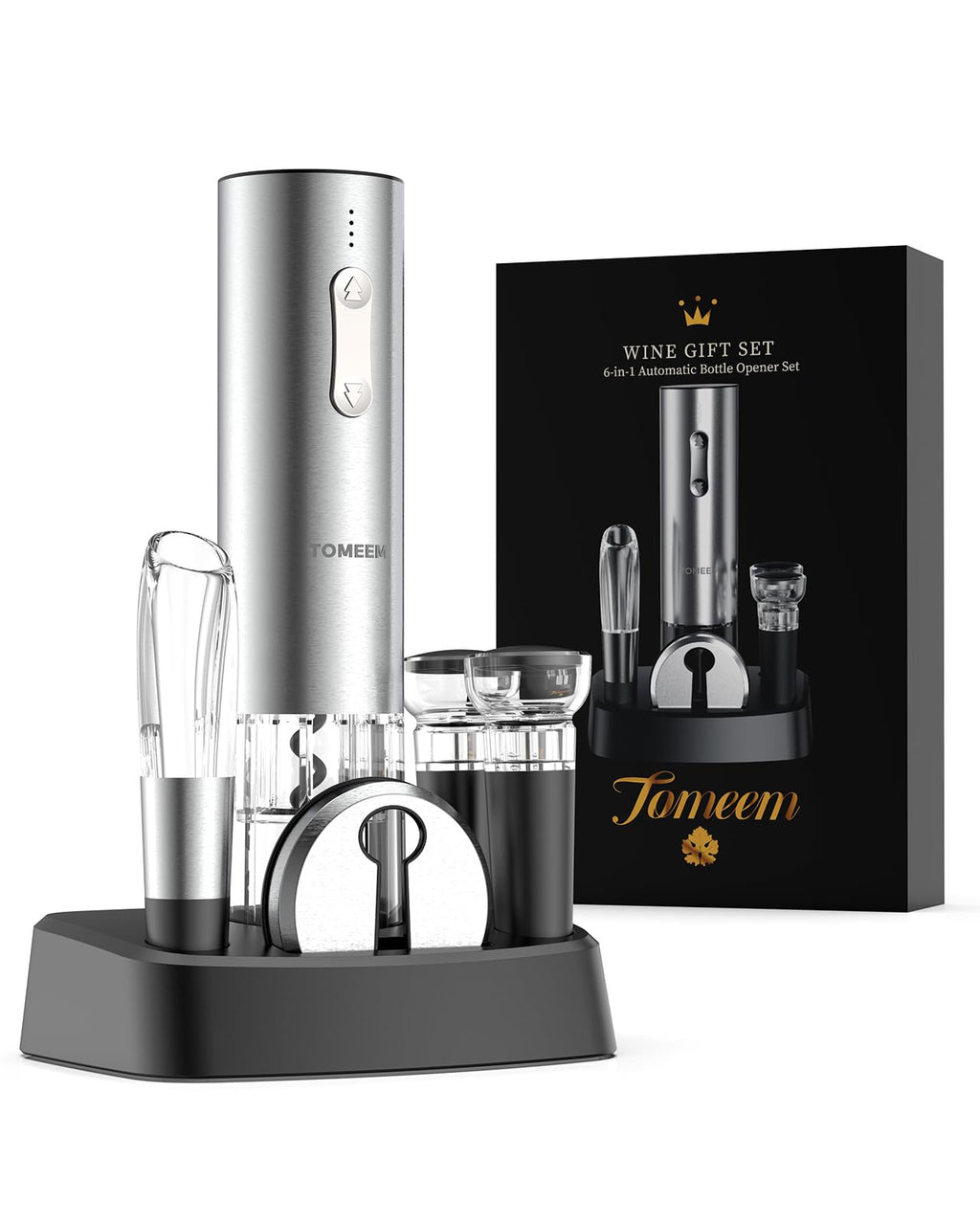 Rechargeable Electric Wine Gift Set - Aerator, Vacuum Stoppers, Foil Cutter and Bottle Opener for Home Bar and Outdoor Parties (Silver, Wine Opener Set)