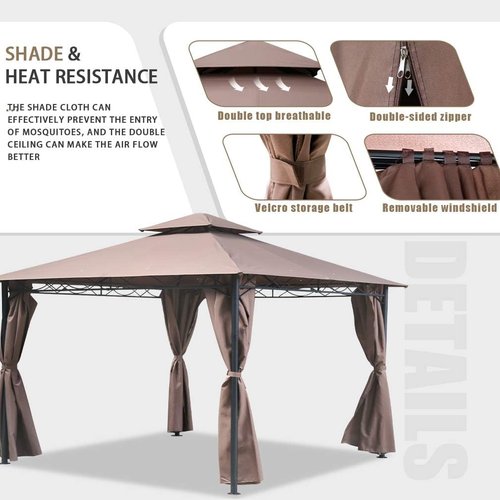 FDW 10'x13' Outdoor Patio Gazebo - Heavy Duty Steel Frame Canopy with Double Roof & Privacy Curtains | Brown