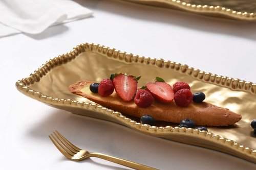 Pampa Bay Titanium-Plated Porcelain Rectangular Serving Piece, 19 x 6.5 Inch, Matte Gold Tone, Oven, Freezer, Dishwasher Safe