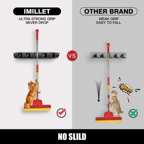 IMILLET Mop and Broom Holder - Wall Mounted Organizer with 5 Ball Slots & 6 Hooks | Black, 2 Pack