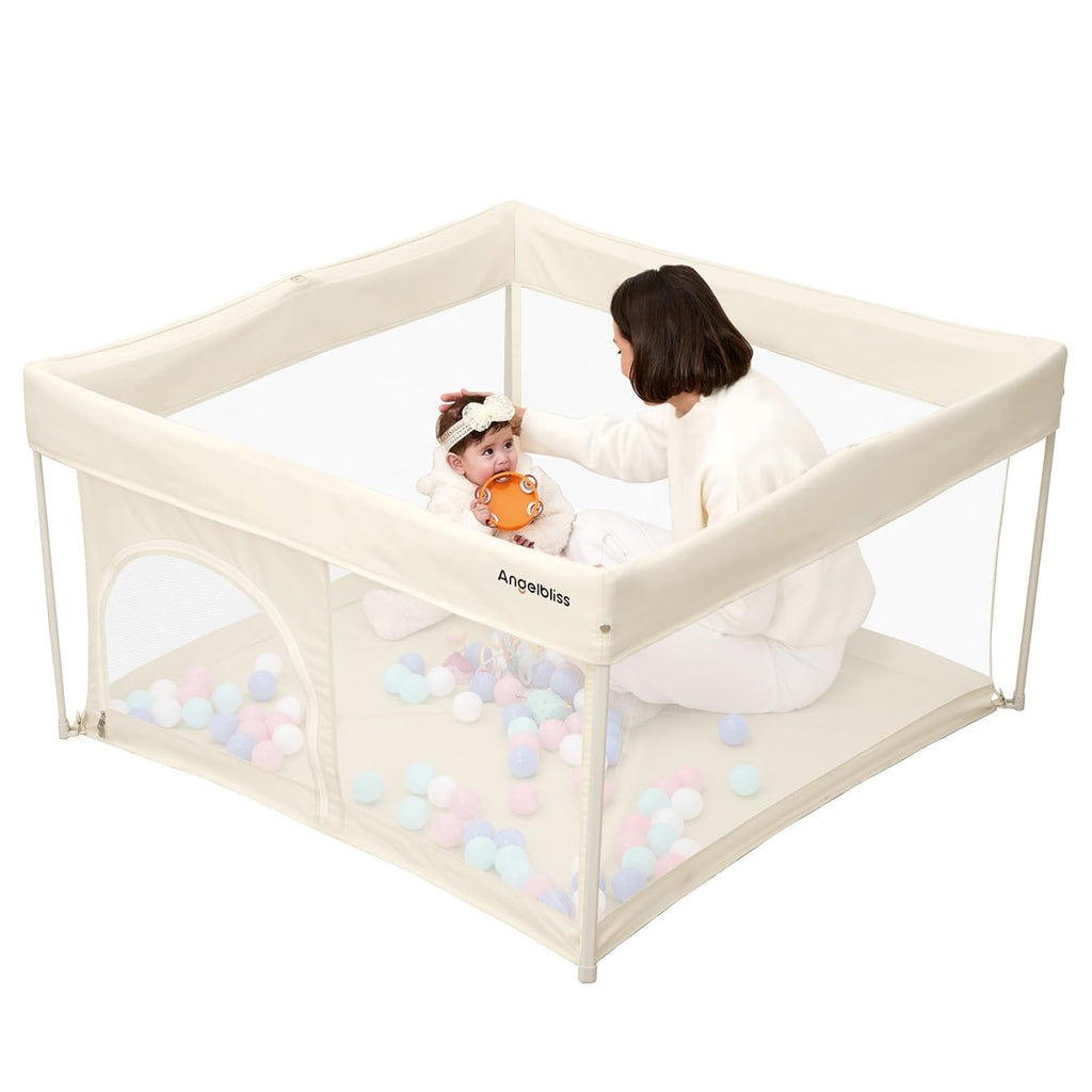 Skiennix Foldable Baby Playpen - Portable 50" x 50" Play Yard with Breathable Mesh & ASTM F406 Certified (Beige)