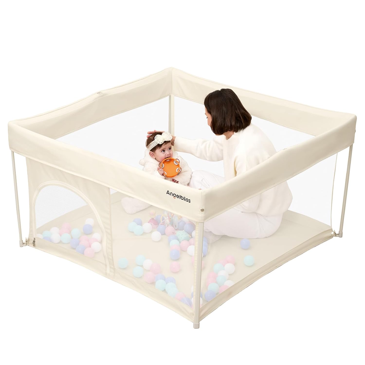 Skiennix Foldable Baby Playpen - Portable 50" x 50" Play Yard with Breathable Mesh & ASTM F406 Certified (Beige)