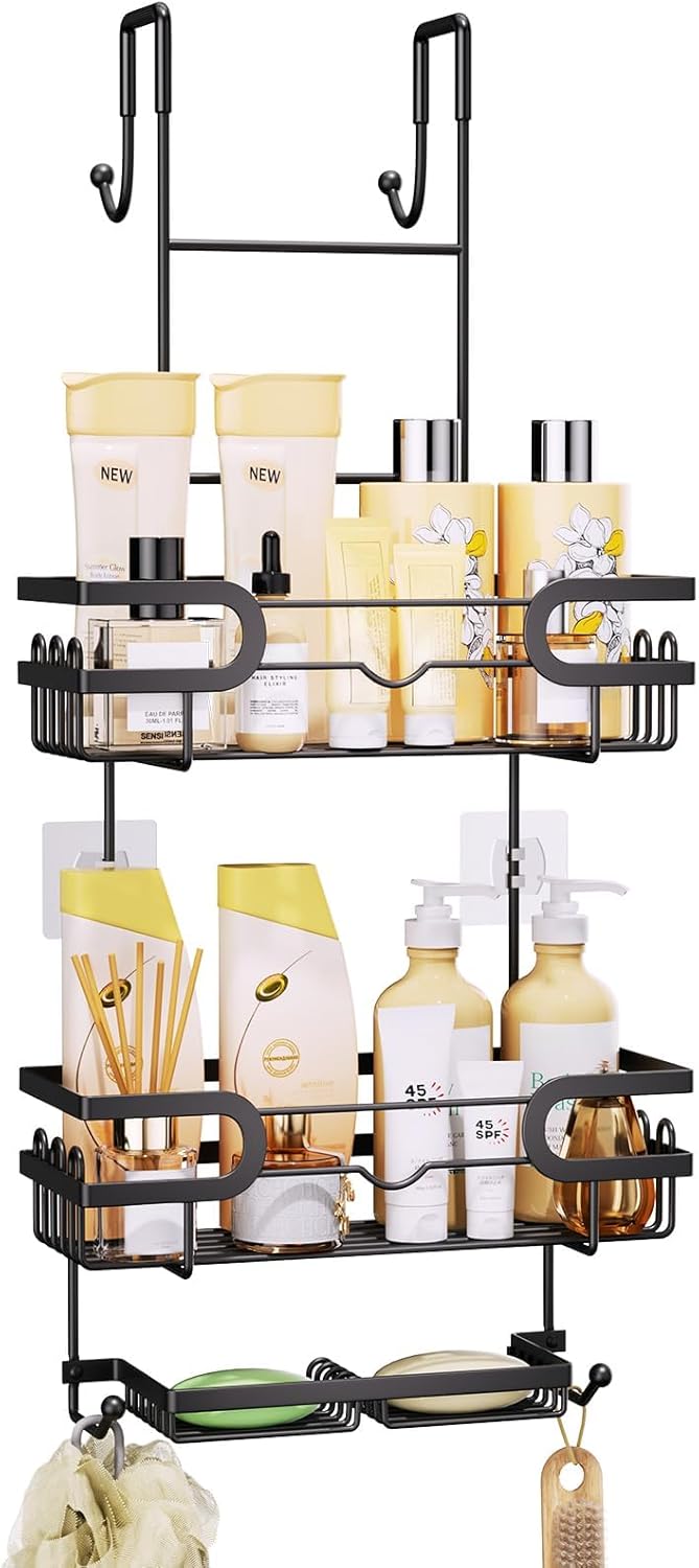 SWTYMIKI Over The Door Shower Caddy - Double Soap Holder & 16 Hooks | No Drilling Bathroom Organizer, Black