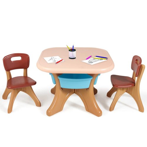 Costzon Kids Table and Chair Set, 3 Piece Activity Table w/Detachable Toy Storage Bin & 2 Chairs for Children Reading Art Craft, Strong Bearing Capacity, Lightweight, Toddler Table & Chair Set, Coffee
