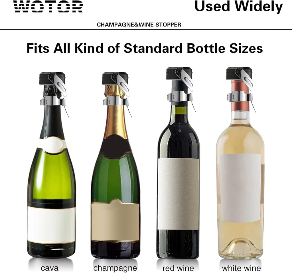 WOTOR Champagne&Wine Bottle Stoppers Stainless Steel with Food Grade Silicone, Leak Proof Keep Fresh Reusable Saver, Cork Suitable for Wine, Champagne, Cava, Prosecco and Sparkling (2 Pack Silver）