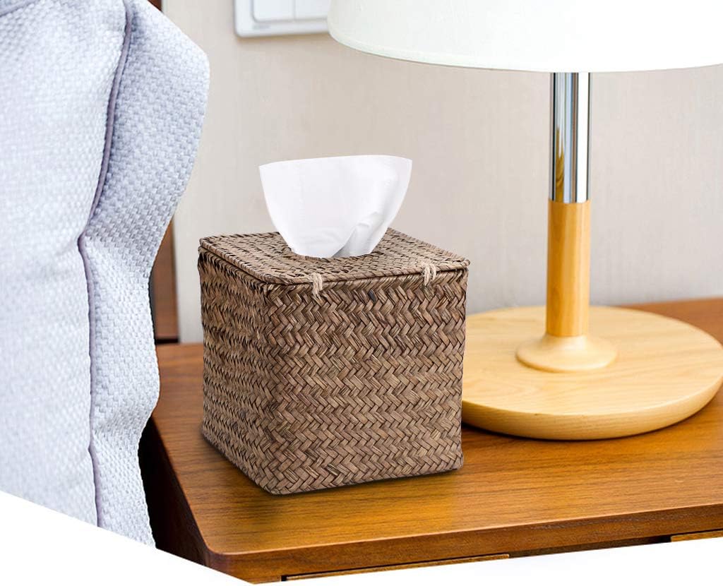 Sumnacon Seagrass Tissue Box Cover - Rustic Woven Design for Bathroom, Bedroom, Office | Coffee Color