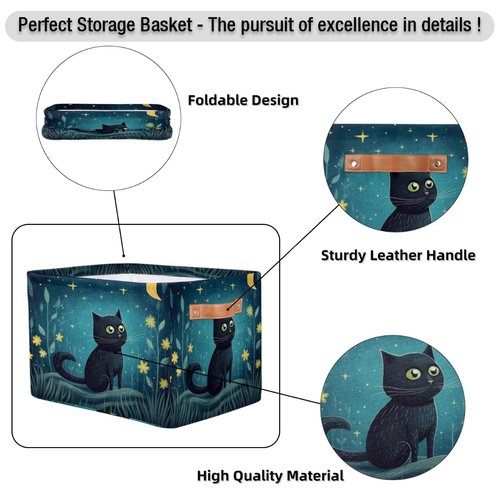 OMFUNS Cute Cat Storage Basket, Star Flower Foldable Storage Bin with Handle Fabric Rectangular Storage Box Organizer for Closet Shelf Home Office Nursery Toy Basket, 1 Pack
