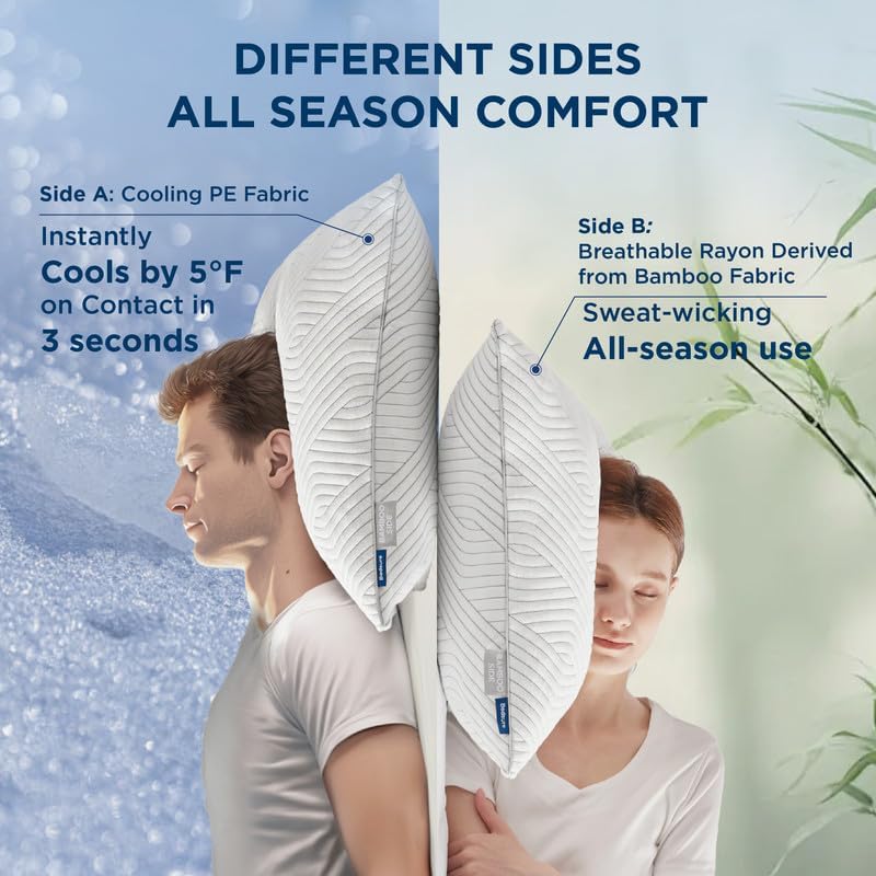 Bedsure Memory Foam Pillows - Adjustable Firm Queen Size Set of 2 | Cooling Dual-Sided Design with Bamboo Pillowcases
