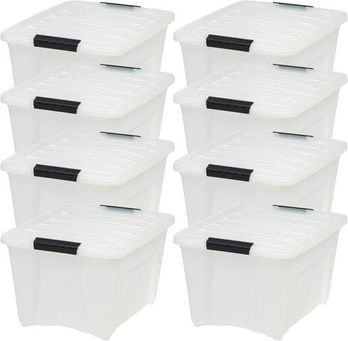 IRIS USA 32 Quart Stackable Storage Bins - 8 Pack Plastic Containers with Latching Lids | Pearl Color