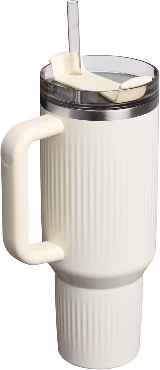 STANLEY Quencher H2.0 Tumbler - 40 oz Insulated Stainless Steel with Handle & Straw | BPA-Free Fluted Cream Gloss
