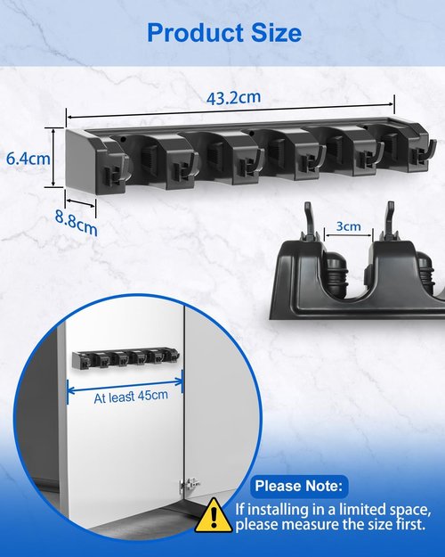 AceMining Broom Holder - Wall Mounted 2 Pack with 5 Holders & 6 Hooks | Durable ABS Plastic, Black