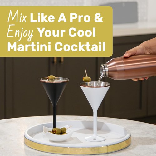 SNOWFOX’s Newport Collection, Premium Martini & Shaker Set, Vacuum Insulated 22 oz SNOWFOX Cocktail Shaker & 2 Newport Martini Glasses 8 oz Gift Box Set, Home Bar Accessories, Classic Design, Black