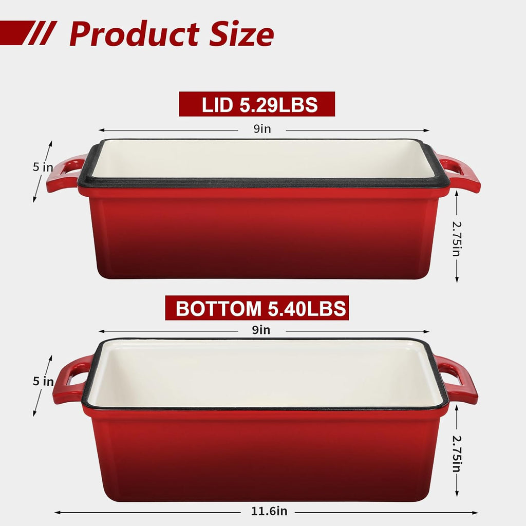 Wildone Enameled Cast Iron Bread Loaf Pan - 9x5 Sourdough Baking Set with Lid, Red, Even Heating