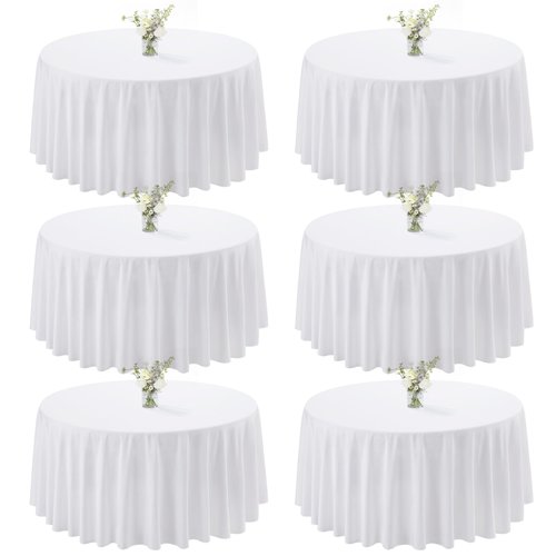 joybest 6 Pack Round Tablecloths 120 Inch White Polyester Table Cloth, Stain and Wrinkle Resistant Washable Fabric Table Cover for Wedding, Party, Reception, Banquet, Dining