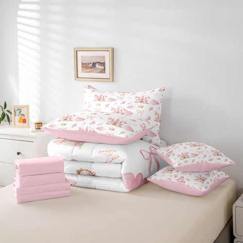 Feelyou Kids Pink Castle Bed in A Bag Queen Size, Cute Bowknot Comforter Set with Sheets Boys Girls Girls Dreamy House Bed in A Bag 7 Pieces Fairytale Teens Bedroom Decor 7Pcs