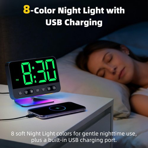AuroraCalm Digital Alarm Clock with Large Numbers for Bedrooms: Bold Display Readable Across The Room with 5 Level Brightness - 5 Alarm Sounds 8 Night Lights for Kids Seniors Teens - Green