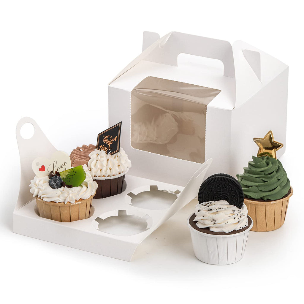 Jucoan 40 Pack Cupcake Containers, 4 Count White Kraft Paper Cupcake Boxes with Insert Window and Handle, Cupcake Holder Bakery Pastry Boxes, Gable Party Favor Treat Boxes for Wedding Mother's Day