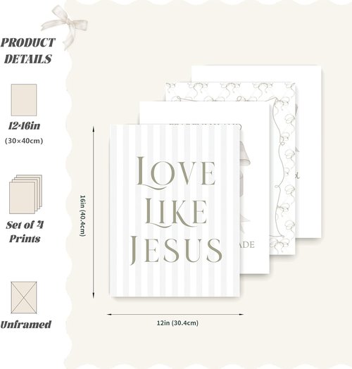 LARTSFRO Coquette Beige Bow Wall Art Decor - Inspirational Christian Posters Set of 4 | 12x16 Inch Unframed
