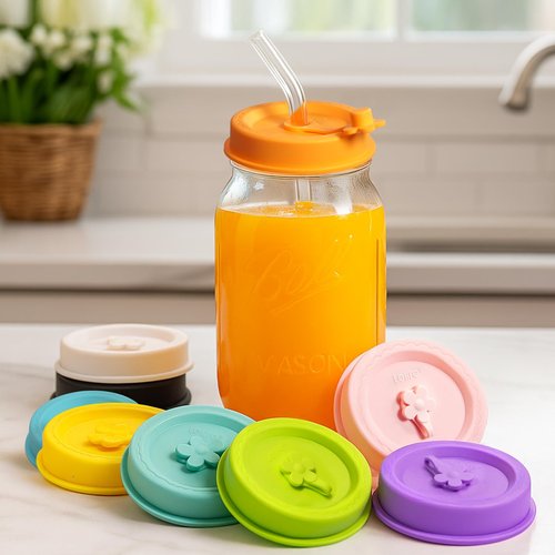 Lelife Silicone Mason Jar Lids, Regular and Wide Mouth Compatible, with Straw Hole and Stopper (bright color 4pcs)