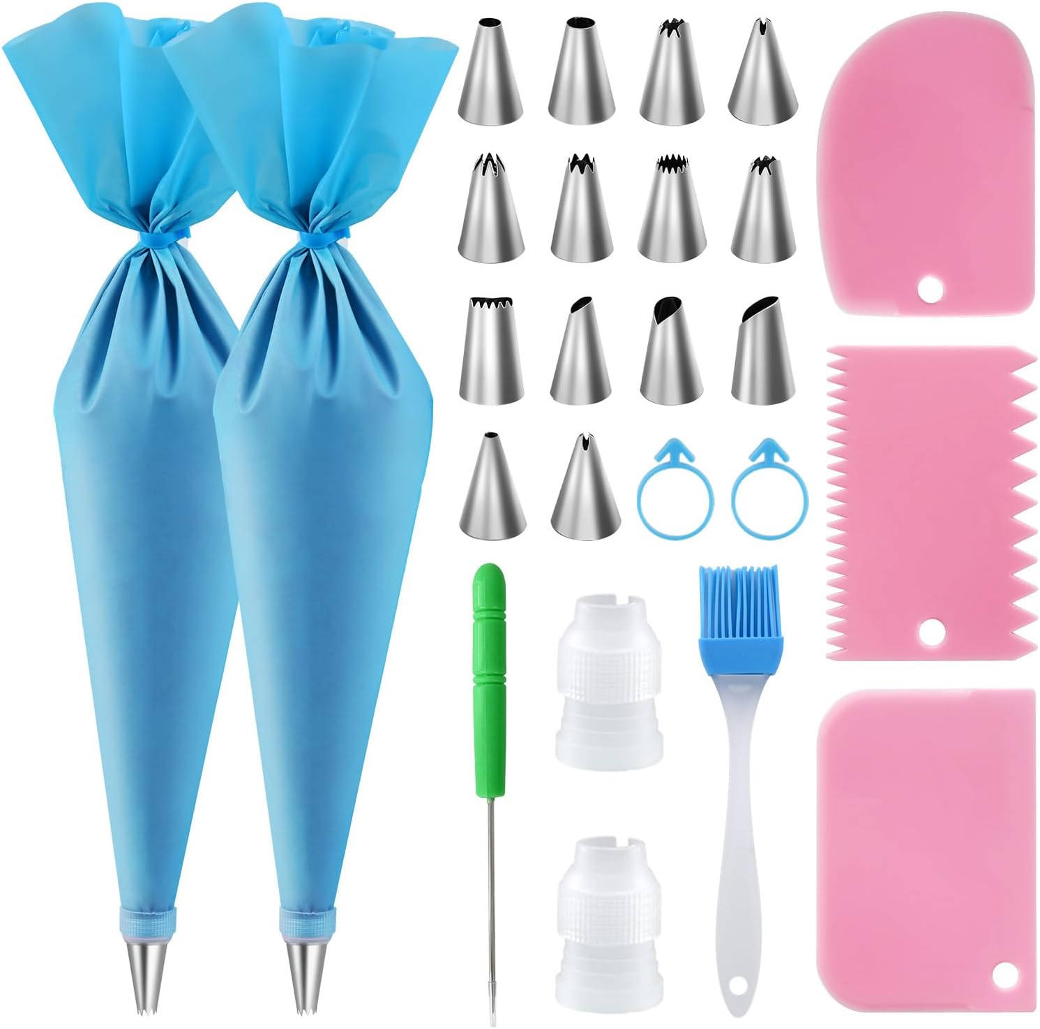 Skiennix Piping Bags and Tips Set - 16 Inch Reusable Silicone Pastry Bags with 14 Icing Tips & Accessories