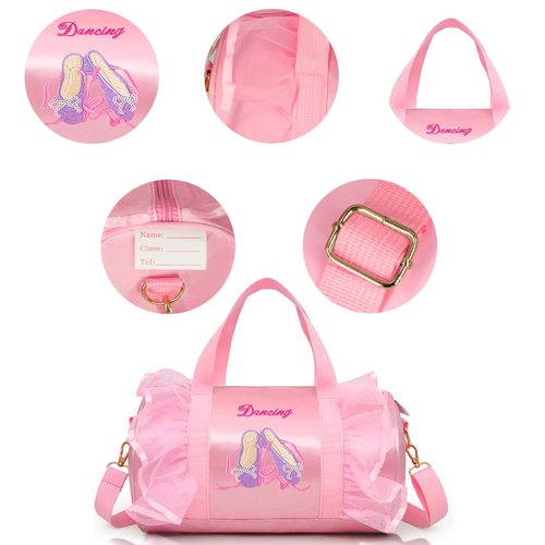 KingBig Embroidered Ballet Shoe Dance Bag, Personalized Waterproof Bag for Girls with Keychain and Pink Plush Ball Pink
