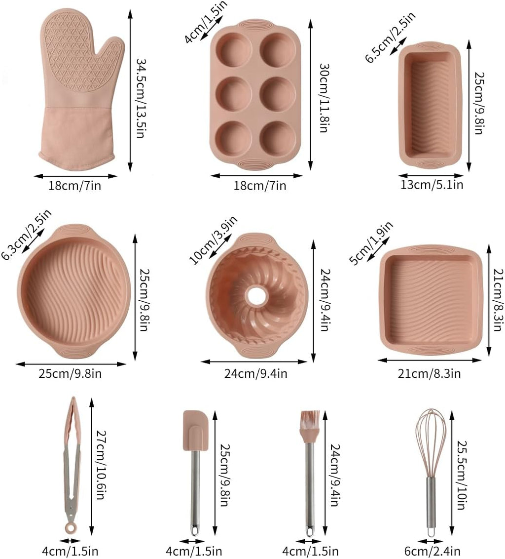 Skiennix 10-in-1 Nonstick Silicone Baking Pan Set - BPA Free, Heat Resistant Bakeware for Muffins, Loaves, and More (Pink)