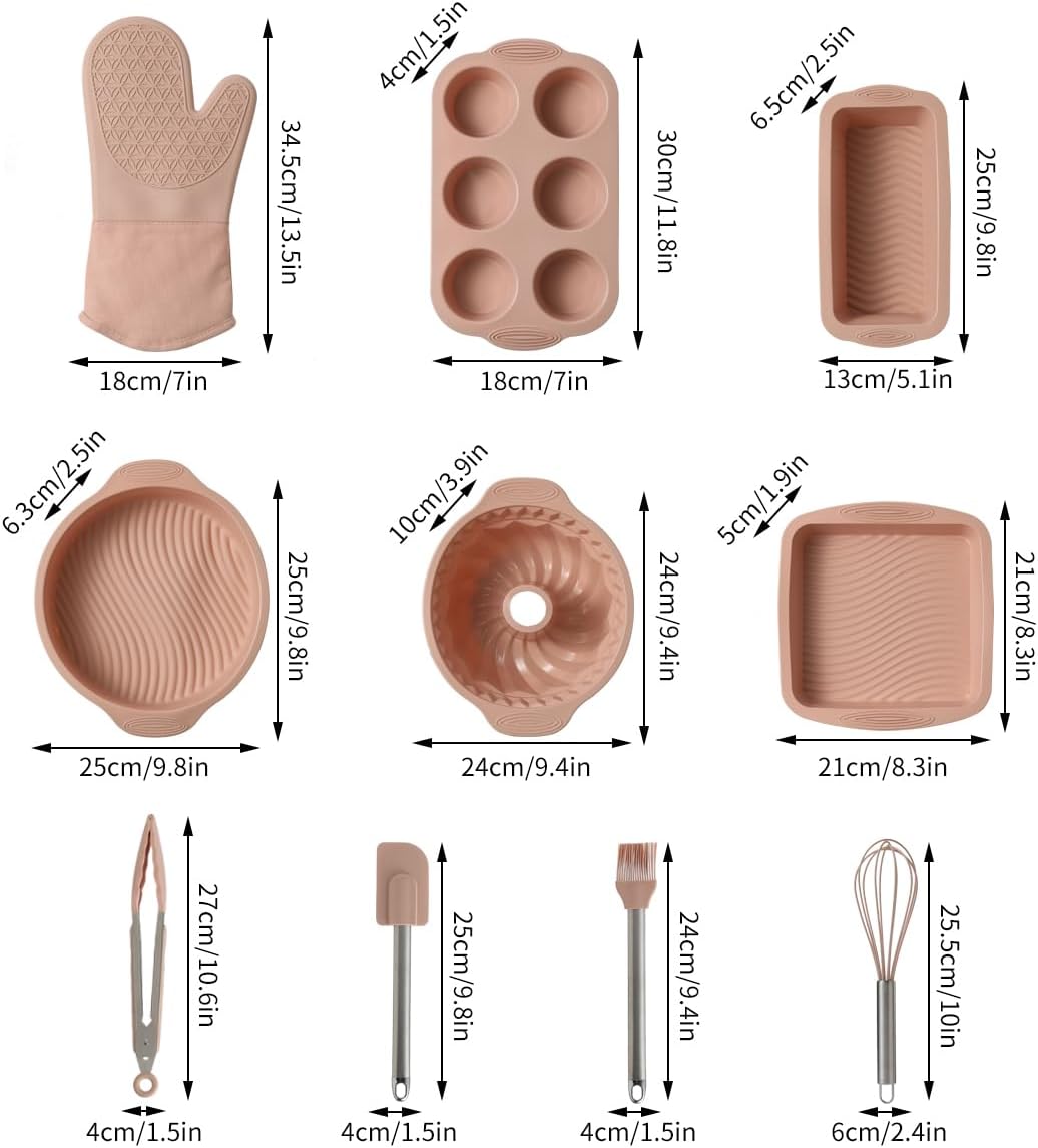 Skiennix 10-in-1 Nonstick Silicone Baking Pan Set - BPA Free, Heat Resistant Bakeware for Muffins, Loaves, and More (Pink)