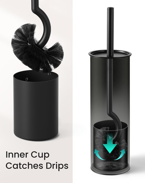 Cesun Toilet Brush and Holder Set - Curved Design Toilet Brush for Deep Cleaning Under Rim, 304 Stainless Steel Toilet Bowl Brush and Holder for Bathroom, Rv, Black(2 Replaceable Brush Head Included)