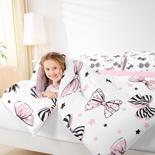 Feelyou Girls Pink Bow Comforter Set Twin Size Cute Bowknot Bedding Set for Kids Dreamy Princess Style Duvet Quilt Coquette Bow Room Decor 2 Pcs with 1 Pillow Cases Aesthetic Bed