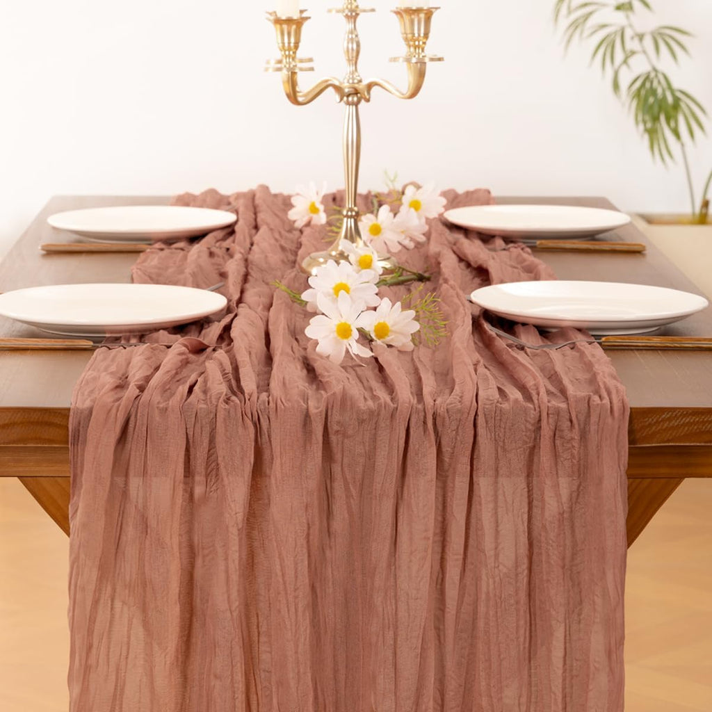 Socomi Cheesecloth Table Runner - Dusty Rose Boho Style | 120 Inch Sheer Decor for Weddings & Events