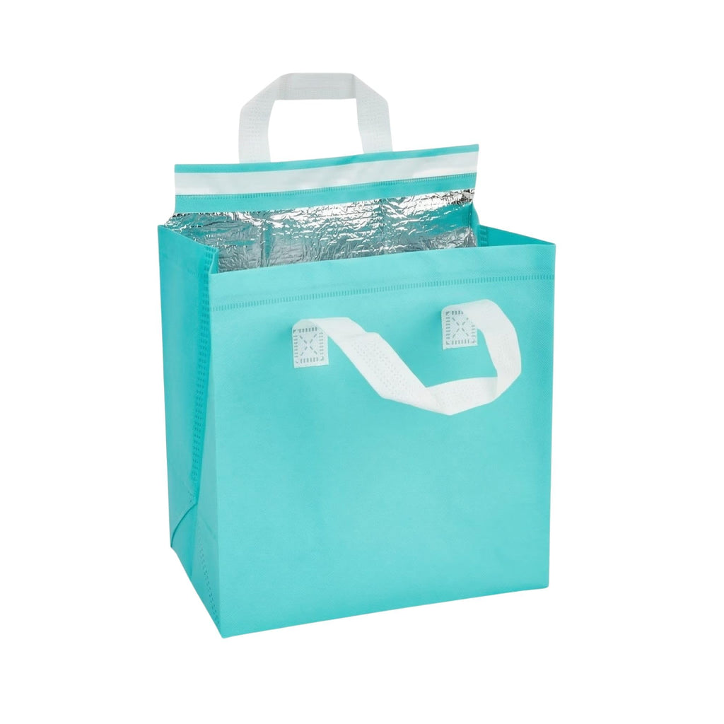 Restaurantware Insulated Delivery Bags 100 Count 9.449 x 5.906 x 10.236 Inches Nonwoven Take Out Bags For Food With Sturdy Handles, Teal Insulated Grocery Bags Tamper-Evident Foldable