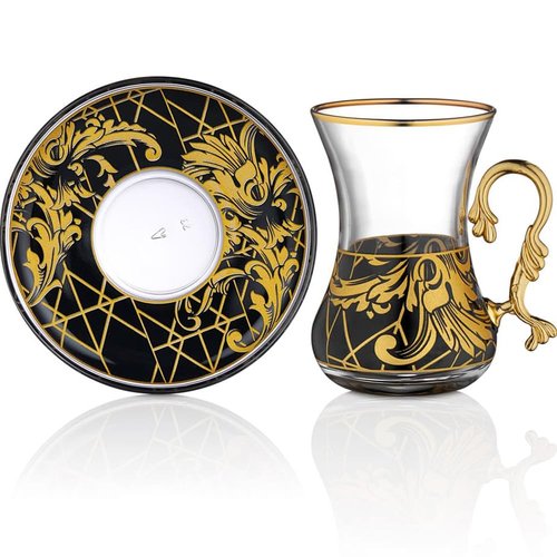 Vissmarta Gold Vintage Turkish Tea Glasses Cups and Saucers Set of 6 Drinking Glassware Party Adults Fancy Serving Coffee Tray Drinks Kettle Women Christmas Gift Teacup Handle Moroccan Drinkware Rim
