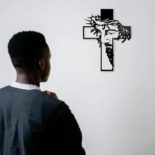 Black Jesus Wall Cross Decor - Metal Crucifix Sculpture for Living Room | Grateful Christian Gift (12.59" x 9.84")