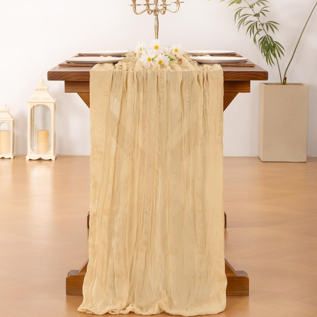Socomi Gold Champagne Cheesecloth Table Runner - 120 Inch Sheer Gauze for Weddings & Parties