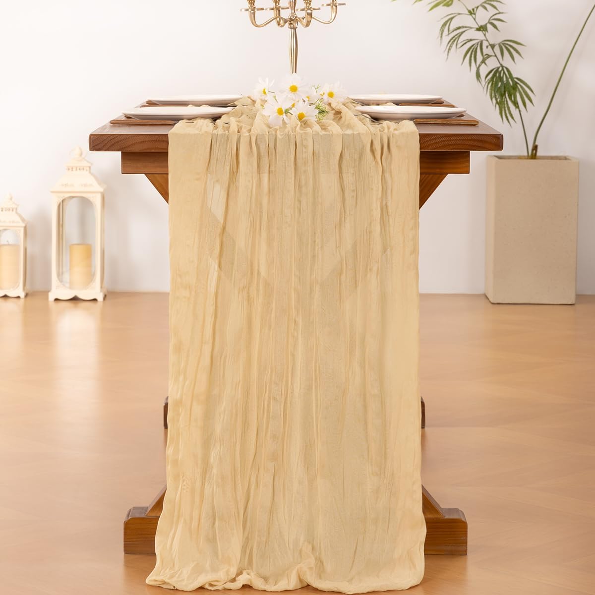 Socomi Gold Champagne Cheesecloth Table Runner - 120 Inch Sheer Gauze for Weddings & Parties