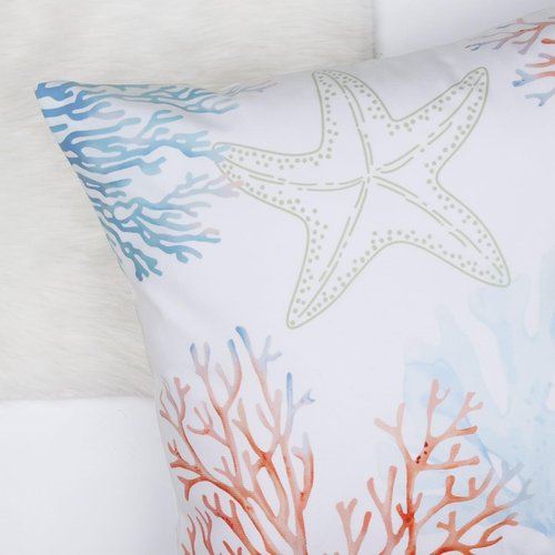 Bonhause Coastal Throw Pillow Covers 18 x 18 Inch Coral Starfish Seashell Beach Decorative Pillow Cases Ocean Blue Cushion Covers for Couch Sofa Bed Home Decor Set of 4