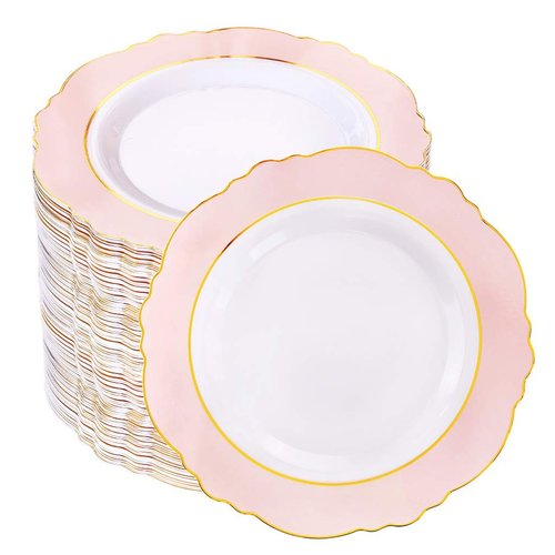 WDF 60pcs Pink Dessert Plates - 7.5inch Baroque Pink &White Disposable Dessert/Appetizer Small Cute Cake Plates for Upscale Parties &Wedding-Special for Baby Shower, Brithday, Easter