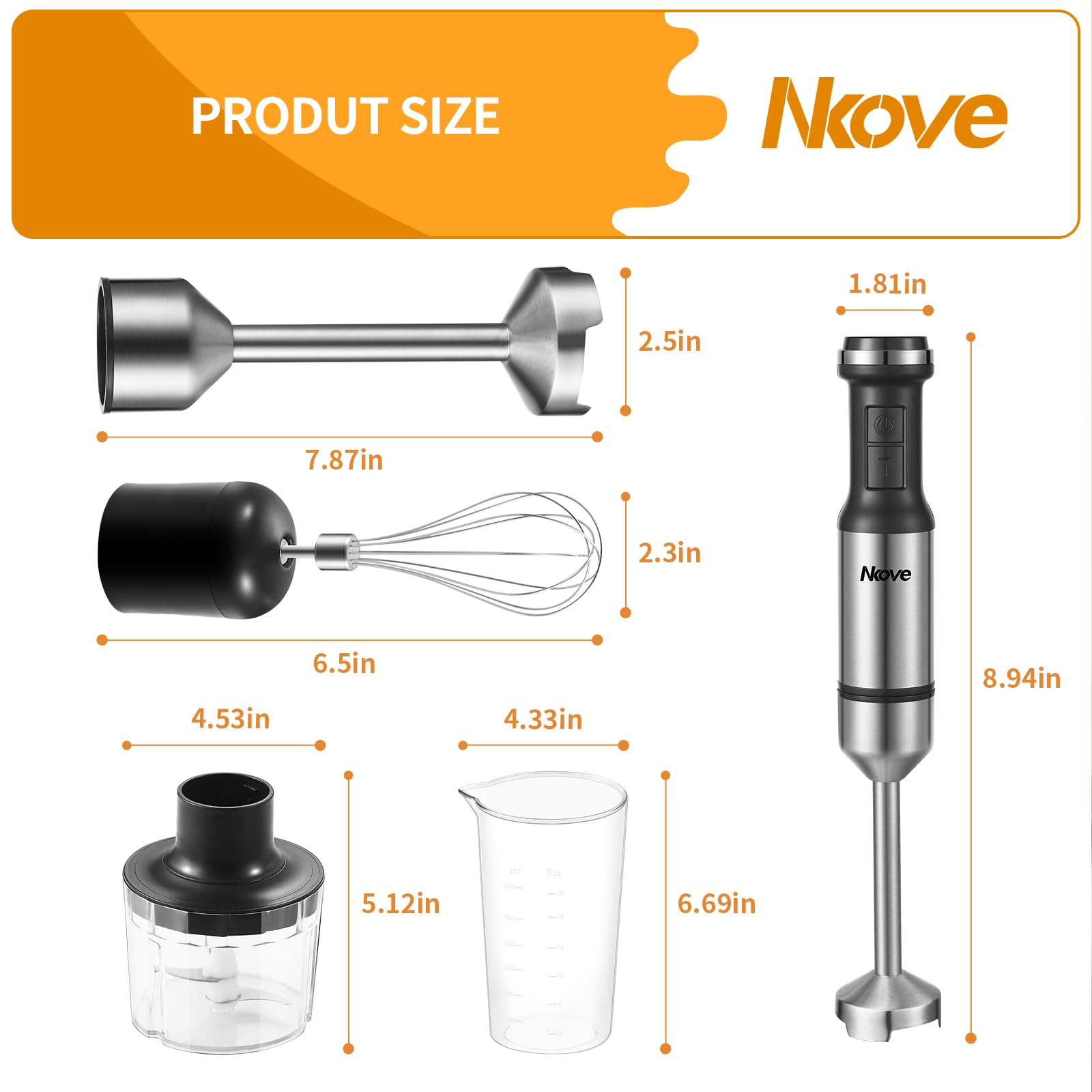Nkove Immersion Blender Handheld Corded Hand Blenders 5 in 1 Set 800W, Stainless Steel Stick Blender Turbo Mode with 600 ml Mixing Beaker with Lid, 400 ml Chopper, Whisk, Milk Frother, BPA-Free