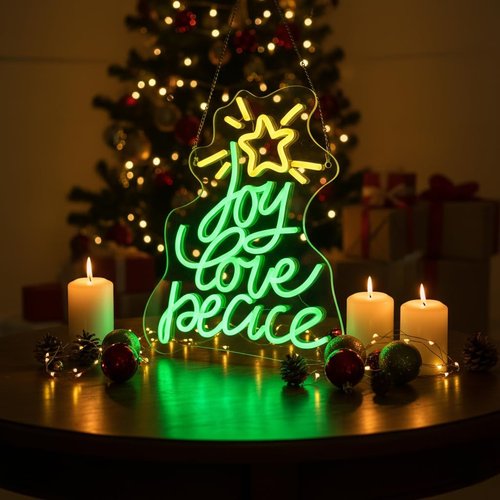 Christmas Tree Neon Sign - USB Powered LED Wall Decor for Peace, Love & Joy | Perfect Holiday Gift